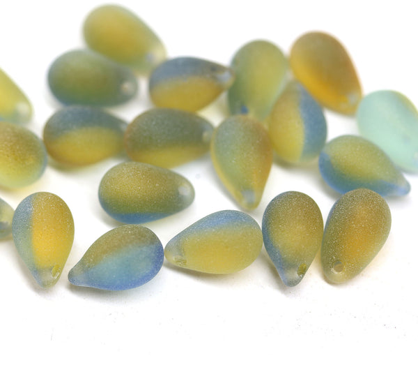 6x9mm Frosted dark yellow blue czech glass teardrops, 20pc