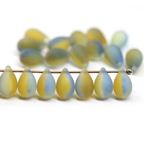 6x9mm Frosted dark yellow blue czech glass teardrops, 20pc