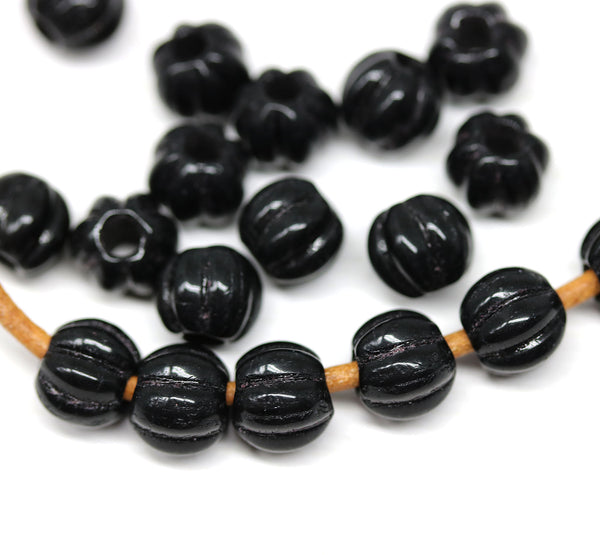 2.5mm hole jet black 8mm melon shape beads - 20pc