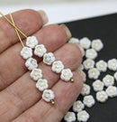 6mm White daisy flower czech glass beads, golden inlays, 40pc