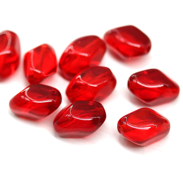 13x9mm Red twisted czech glass barrel bead, 10Pc