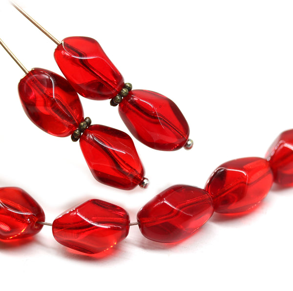 13x9mm Red twisted czech glass barrel bead, 10Pc