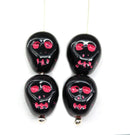 12mm Black skull beads Pink wash Czech glass beads, 4Pc