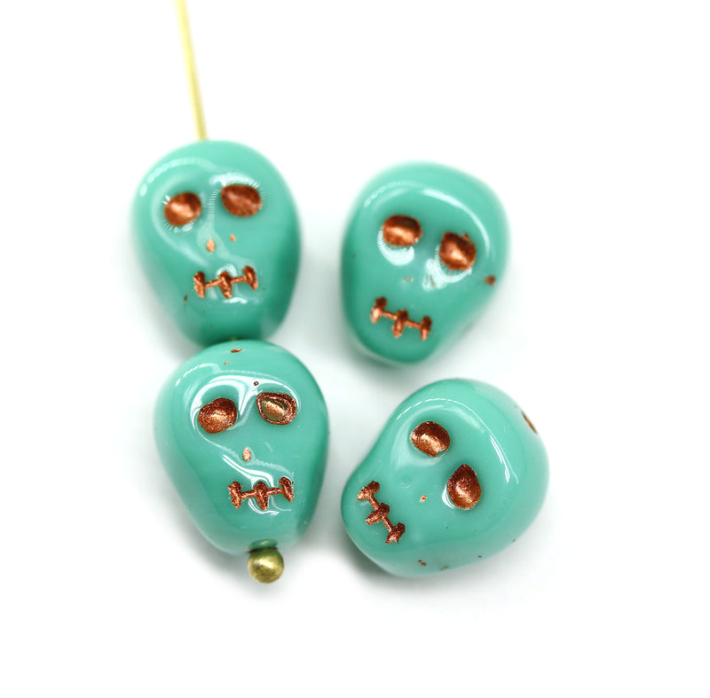 12mm Turquoise skull beads copper wash Czech glass beads, 4Pc