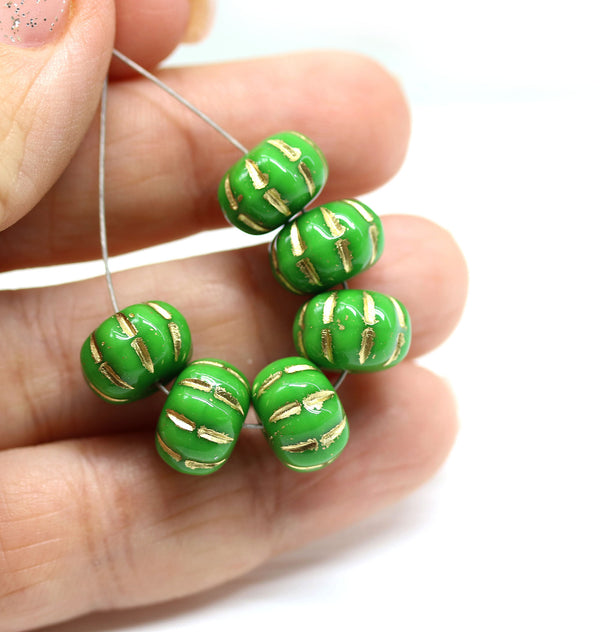 7x10mm Green pumpkin rondelle gold wash Czech glass beads, 6Pc