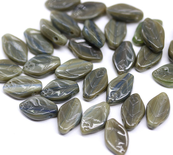 12x7mm Green brown leaf beads Czech glass - 30Pc
