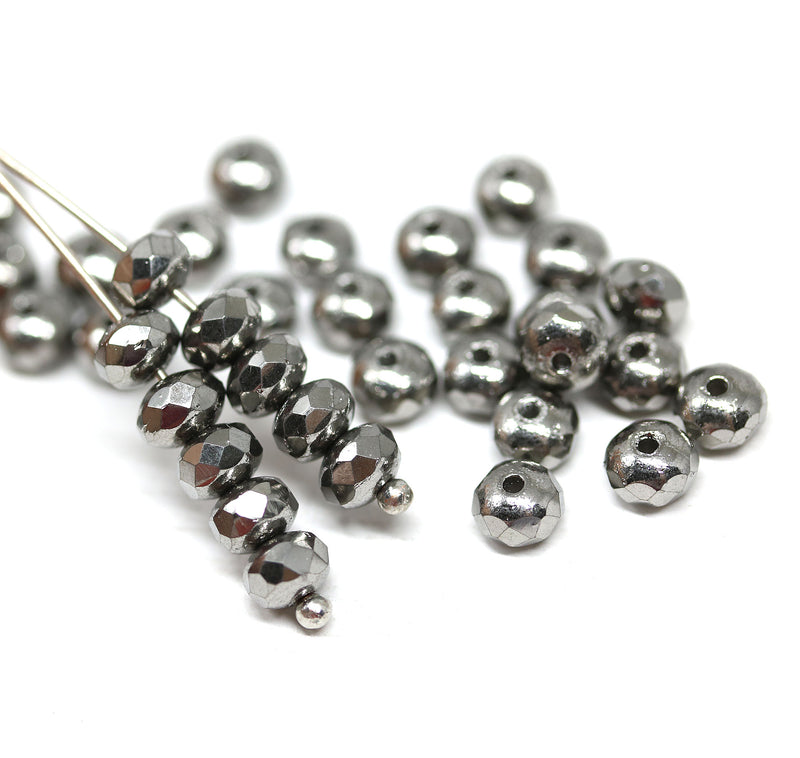 3x5mm Dark silver rondelle beads, tiny czech glass spacers - 40Pc