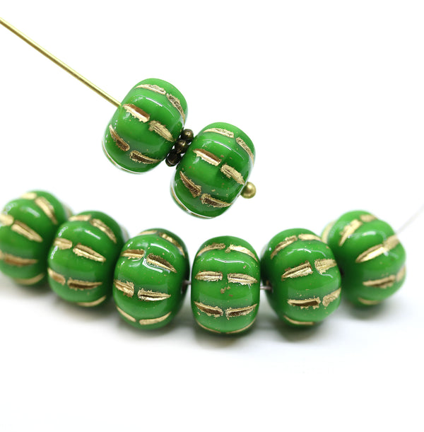 7x10mm Green pumpkin rondelle gold wash Czech glass beads, 6Pc