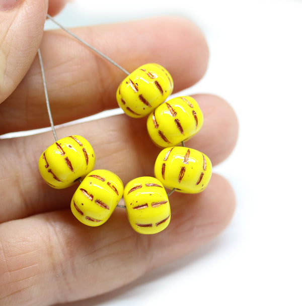 7x10mm Yellow pumpkin rondelle copper wash Czech glass beads, 6Pc