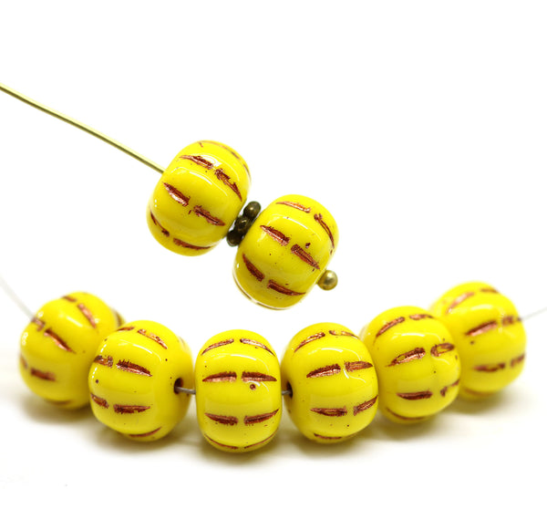 7x10mm Yellow pumpkin rondelle copper wash Czech glass beads, 6Pc