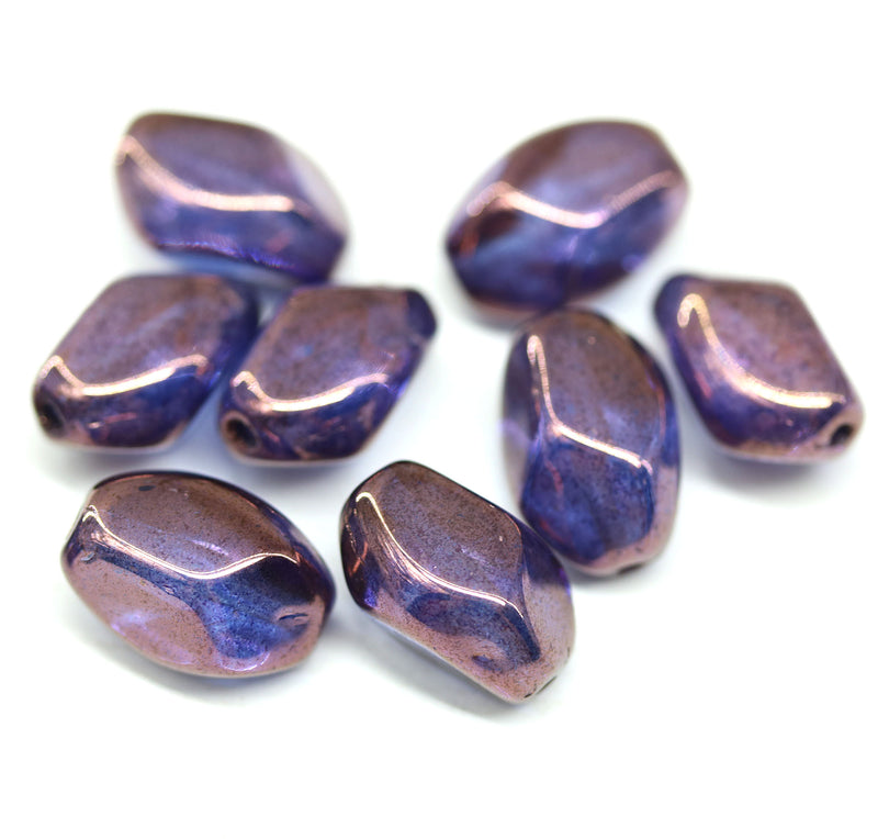 13x9mm Blue purple luster finish twisted czech glass barrel bead, 10Pc