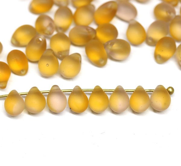 5x7mm Frosted topaz teardrops czech glass beads - 50pc