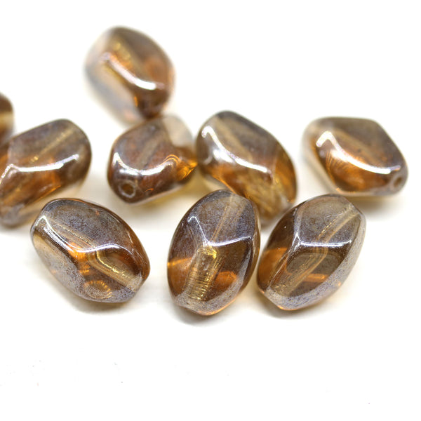 13x9mm Smokey topaz luster twisted czech glass barrel bead, 10Pc