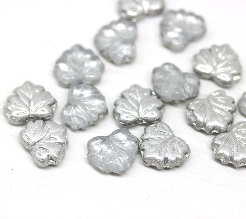 11x13mm Crystal clear maple leaf beads, silver luster Czech glass - 15pc