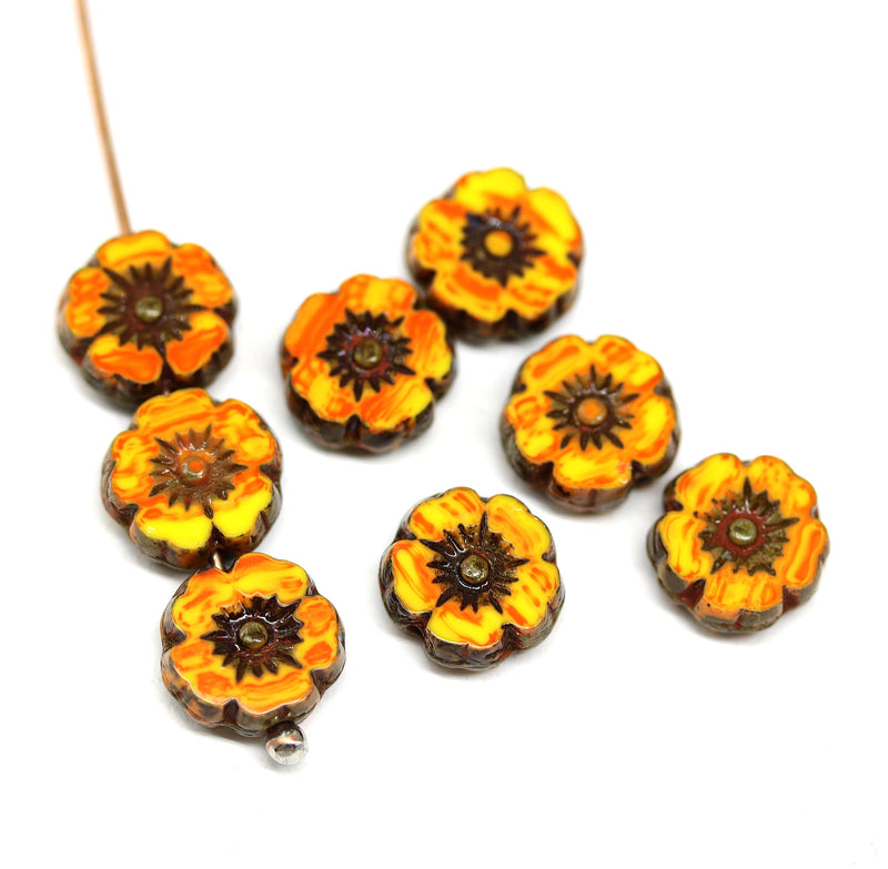 8mm Orange yellow picasso hibiscus flower czech glass, 8pc