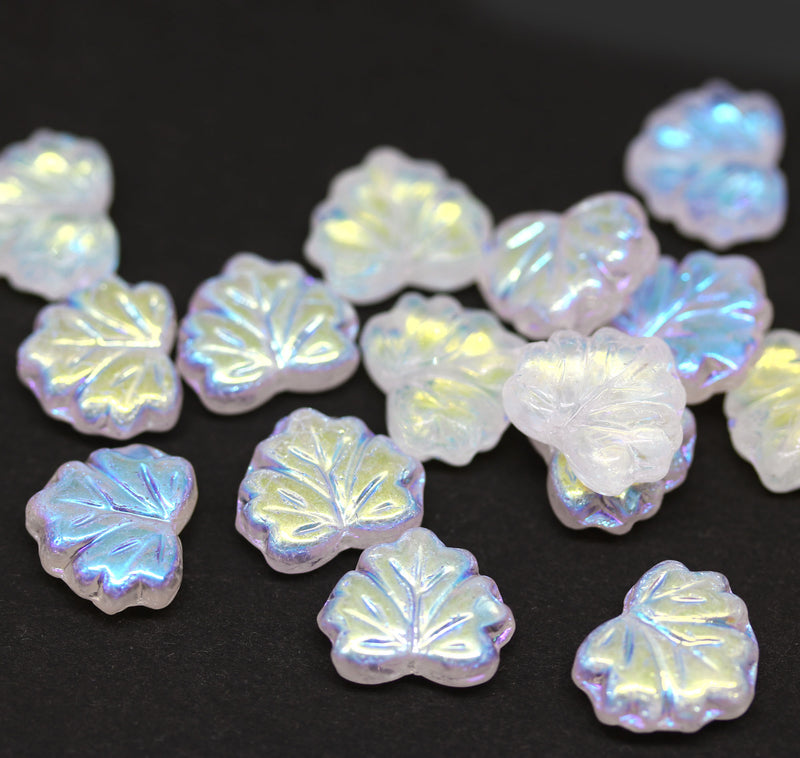 11x13mm Crystal clear maple leaf beads, AB finish Czech glass - 15pc