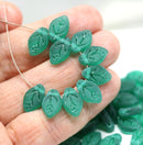12x7mm Frosted teal green leaf beads Czech glass - 40pc