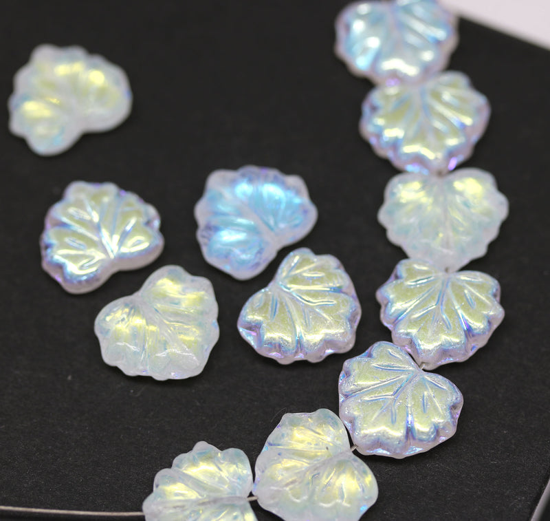 11x13mm Crystal clear maple leaf beads, AB finish Czech glass - 15pc