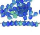 5x7mm Frosted blue green glass drops, czech teardrop beads - 50pc