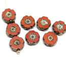 8mm Red picasso hibiscus flower czech glass, 8pc