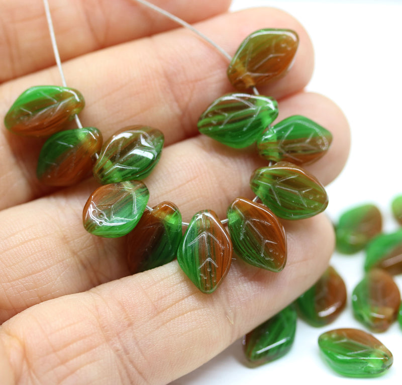 12x7mm Brown green leaf beads Czech glass - 30Pc