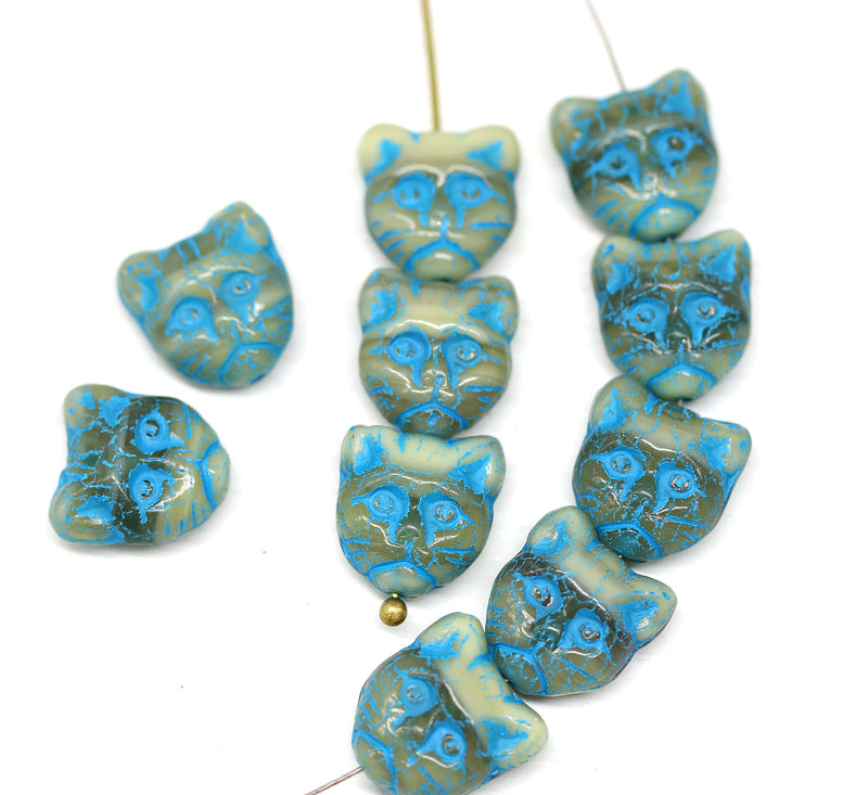 10pc Gray blue cat head beads, Czech glass feline beads