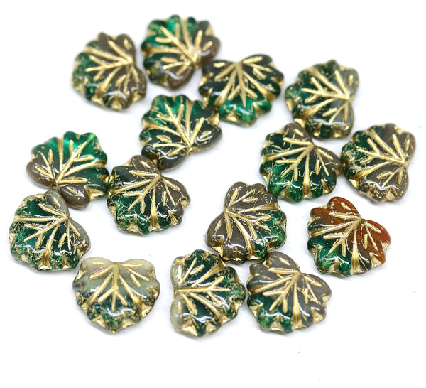 11x13mm Teal brown mixed color maple leaf beads, golden wash - 15pc
