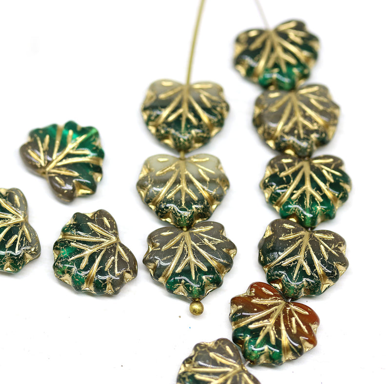 11x13mm Teal brown mixed color maple leaf beads, golden wash - 15pc