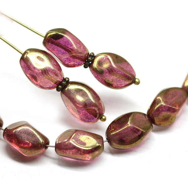13x9mm Dark pink golden luster twisted czech glass barrel bead, 10Pc