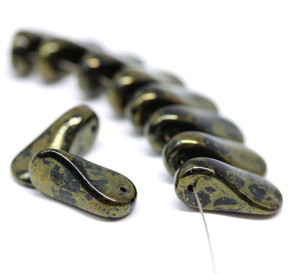 18mm Long black dagger beads, golden luster - 10pc