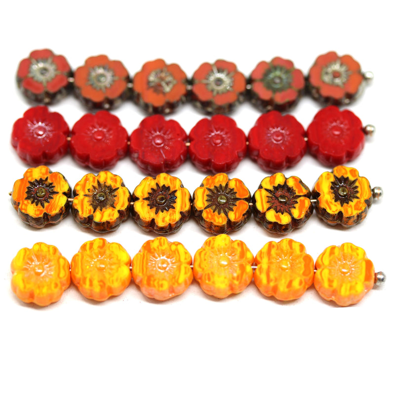 8mm Orange yellow picasso hibiscus flower czech glass, 8pc