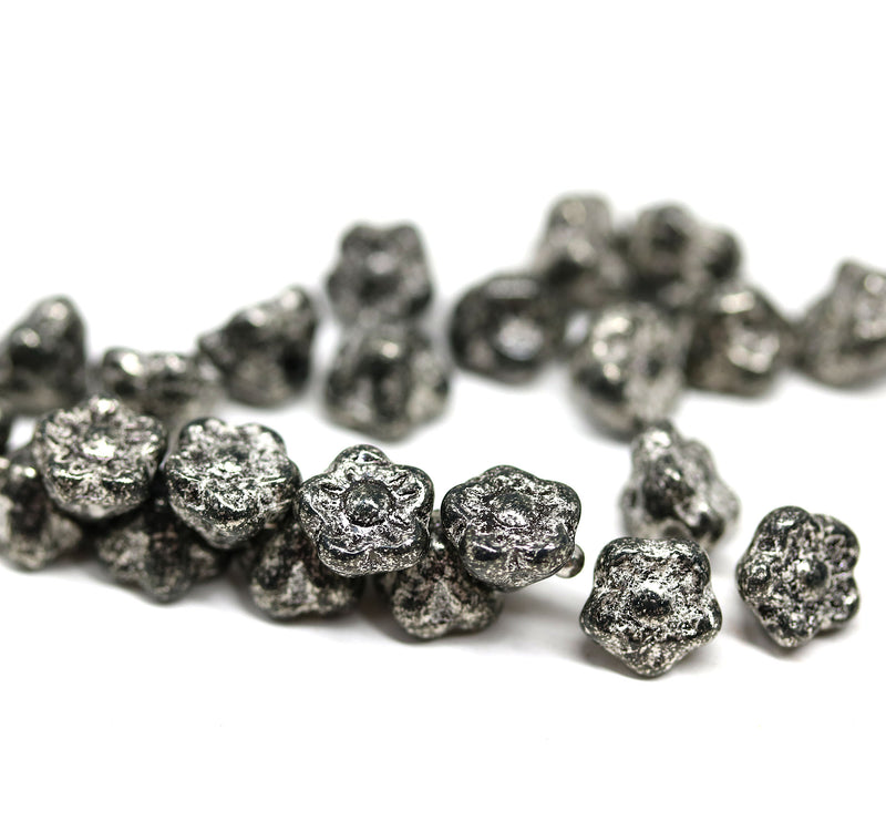 7mm Black silver wash button style flower beads - 25pc