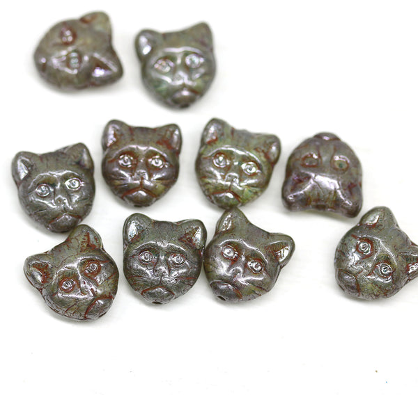 10pc Picasso cat head beads, green Czech glass feline beads