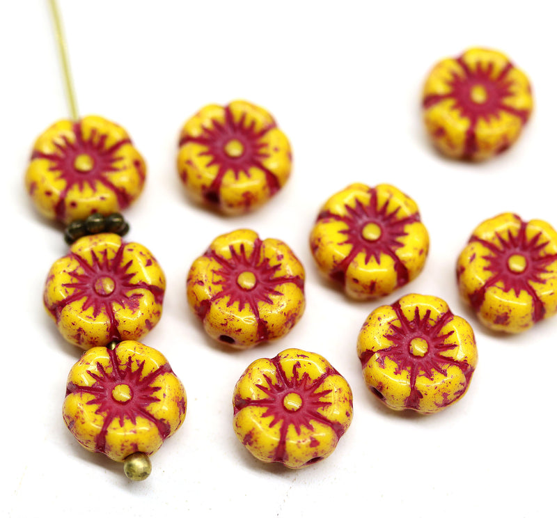 8mm Yellow red hibiscus flower czech glass, 10pc