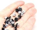 7mm Black silver button style flower beads - 25pc