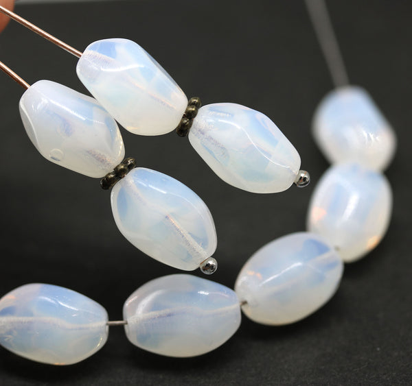 13x9mm Opal white twisted czech glass barrel bead, 10Pc