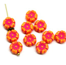 8mm Orange pink hibiscus flower czech glass, 10pc