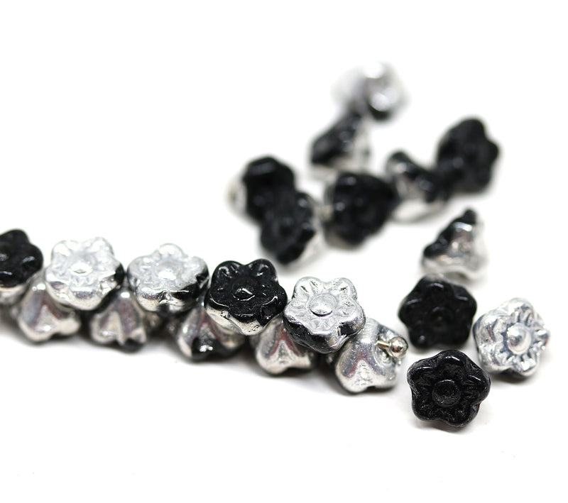 7mm Black silver button style flower beads - 25pc