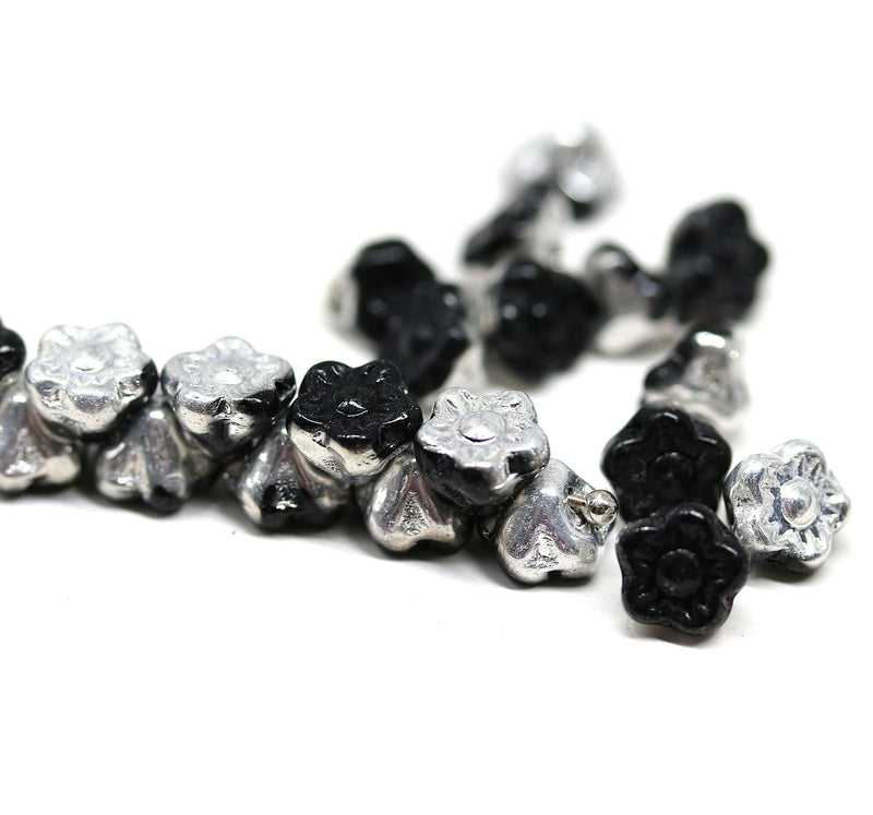 7mm Black silver button style flower beads - 25pc