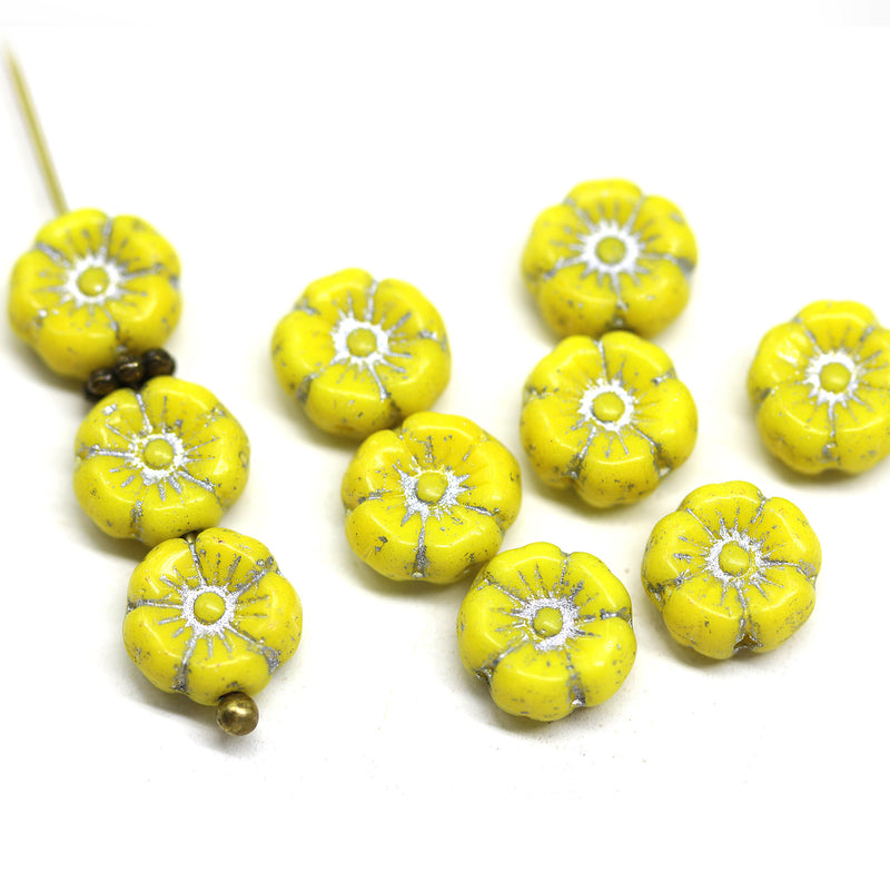 8mm Yellow silver hibiscus flower czech glass, 10pc