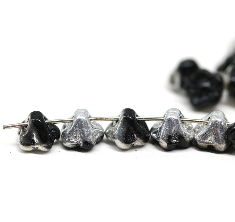 7mm Black silver button style flower beads - 25pc