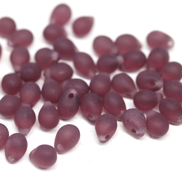 5x7mm Frosted dark purple teardrops czech glass beads - 50pc