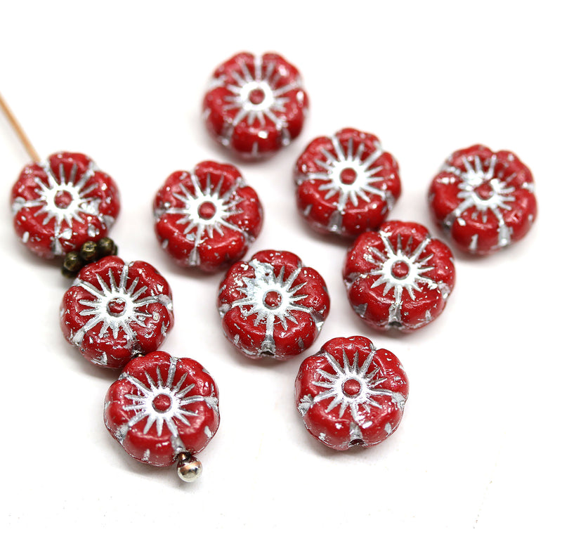 8mm Red silver hibiscus flower czech glass, 10pc