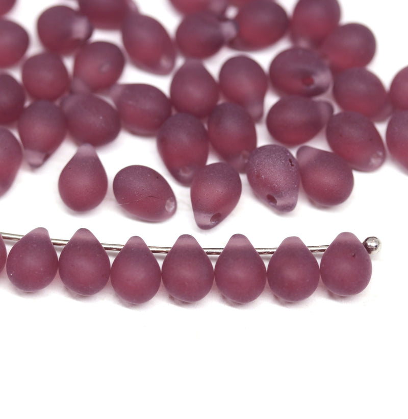 5x7mm Frosted dark purple teardrops czech glass beads - 50pc