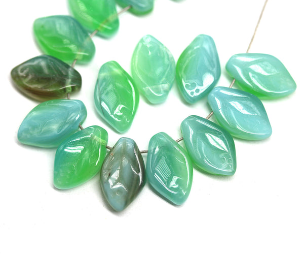 12x7mm Opal mint green leaf beads Czech glass 30Pc