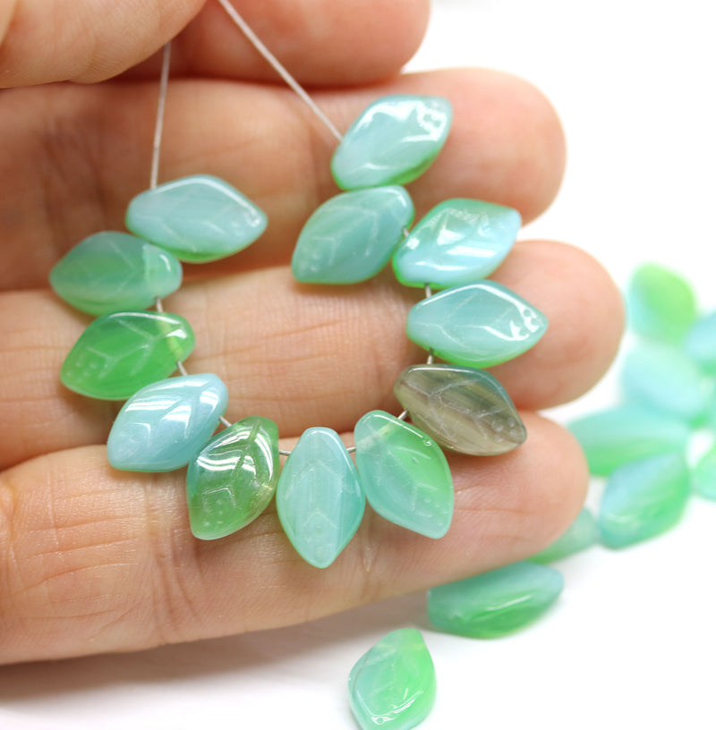 12x7mm Opal mint green leaf beads Czech glass 30Pc
