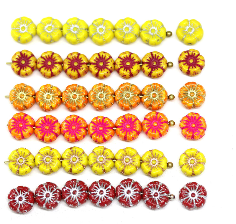 8mm Yellow red hibiscus flower czech glass, 10pc