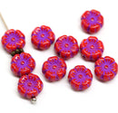 8mm Red violet hibiscus flower czech glass, 10pc