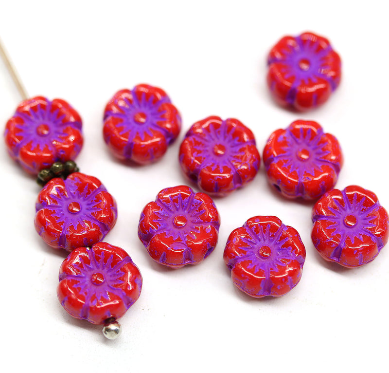 8mm Red violet hibiscus flower czech glass, 10pc