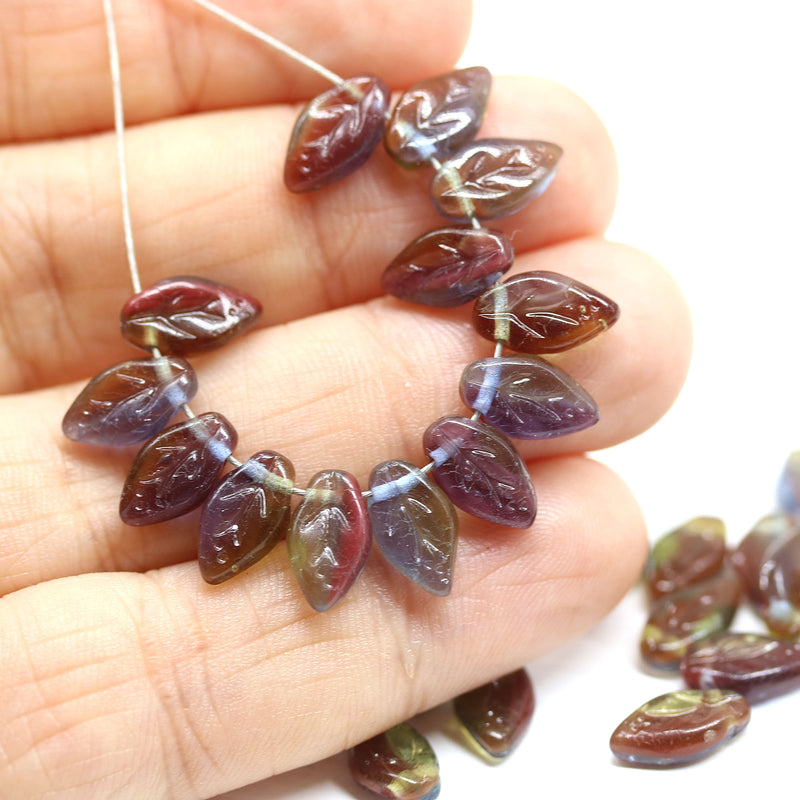 10x6mm Mixed red leaf beads, Czech glass pressed leaves - 40Pc